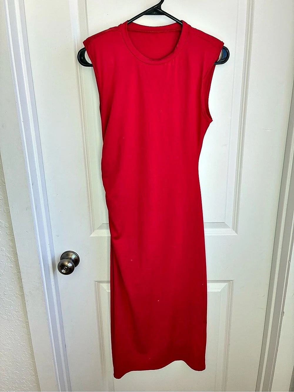 SHEIN Red Ruched Shoulder Pad Midi Dress
